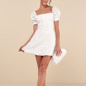 Lulus Confidently Delightful White Textured Floral Jacquard Mini Dress - Size M